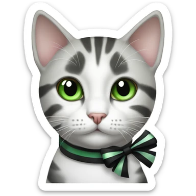 Cat with green eyes white cat with grey patches and black stripes with a bow sticker