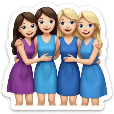 four adult white women laughing and hugging.  Two have long dark brown hair.  Two have blonde hair and blue eyes. sticker
