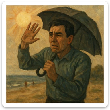 Create a symbolic, semi-realistic outdoor scene (beach or park) featuring a man with expressive, worried body language. The man is raising his hands or using an umbrella or large hat to block natural, warm sunlight. He looks uncomfortable or fearful, as if trying to protect himself from the sun. Use muted colors and an expressive, semi-realistic style symbolizing misunderstanding about sunlight and health. Use the reference image for facial features and general appearance. sticker