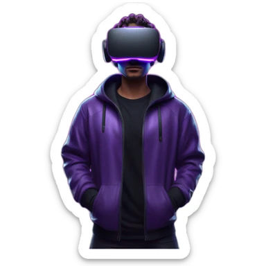 Cyberpunk style. Violet neon. White skin man in the black hoody with violet OMG VR logo on it. Man in vr headset oculus quest 2 sticker
