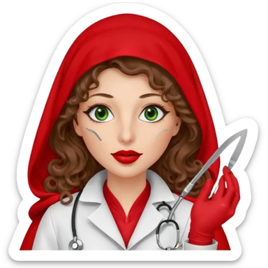 Lilith symbol sexy evil woman. She has green eyes.  had brown long curly hair.  evil surgeon kills with scalpel wears red sexy doctor coat with red mouth cover red gloves. Covers nose, neck  and mouth with Muslim red berka sticker
