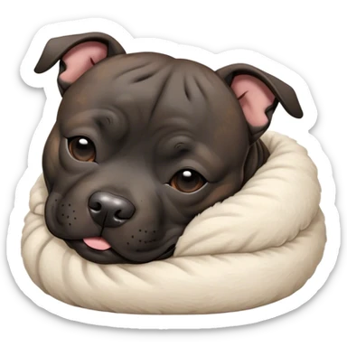 Meme-Worthy Cute Sleeping Black/Brindle Staffordshire Bull Terrier Portrait Emoji, Head resting peacefully with a contented smile, showcasing a delightfully compact build and a luxuriously soft Fur with an attractive black and brindle blend, eyes shut in a serene nap, Simplified yet hilariously adorable features, highly detailed, glowing with a soft, drowsy light, high shine, relaxed and utterly lovable, stylized with an air of playful laziness, bright and heartwarming, soft glowing outline, capturing the essence of a comically sleepy guardian, so meme-worthy it feels like it could instantly become the next viral sensation of adorable slumber! sticker