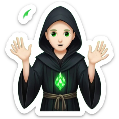 A dark sorcerer in flowing black robes, conjuring eerie green flames sticker