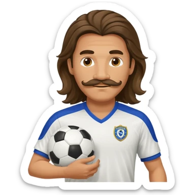 long haired man soccer player with mustache holding soccer ball sticker