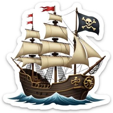 An icon representing an adventure game, inspired by high-seas exploration. The design features a fearless pirate gripping the wheel of a grand sailing ship, its tattered Jolly Roger flag billowing as it cuts through stormy waters. The scene evokes danger, treasure, and the thrill of the open sea. Transparent background. sticker
