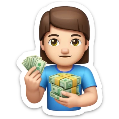 emoji style icon, minecraft blocky character holding a stack of money, pixel art style, bright colors, simple background, 3D glossy emoji, centered composition, soft shadow, high detail, clean outline, white background sticker