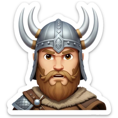 Clash of Clans aesthetic: Cinematic Fierce Viking Portrait Emoji, Poised and bold with a rugged yet stylized build, wearing a simple horned helmet and sporting a neatly trimmed beard, his face rendered in a natural skin tone, intense eyes reflecting fierce determination, Simplified yet dynamic features, highly detailed, glowing with a cool, battle-ready radiance, high shine, brave and resolute, stylized with an air of ancient Nordic valor, focused and commanding, soft glowing outline, capturing the essence of a fearless Viking adventurer ready to set sail on epic quests! sticker