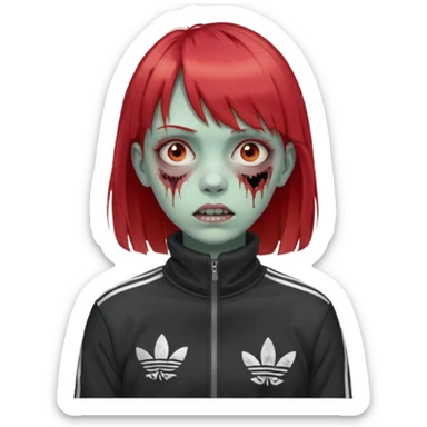 Crie um emoji de uma menina com o cabelo vermelho com uma franja reta zumbi casaco de gola alta da adidas sticker