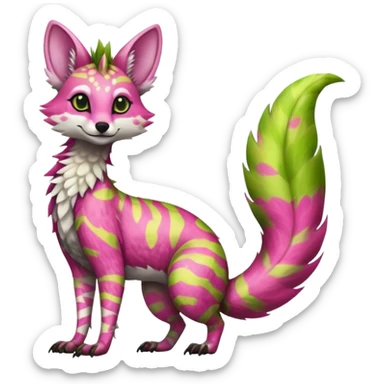 Feral Rare Fantasy   vivid tropical mango-lime-pink splash-patterned silky fur Vernid-Sergal-Genet-Trico-species by LiLaiRa, random markings, tufted tail, tufted ears, full body sticker