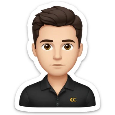 He’s a man with light to medium skin, a defined oval face, full brows, deep-set eyes, and wavy short dark brown tall hair styled with height, sides are trimmed. muscular. expression calm and focused relaxed black black button shirt open collar. polished, articulate, and coach vibe. tall hair tall  sticker