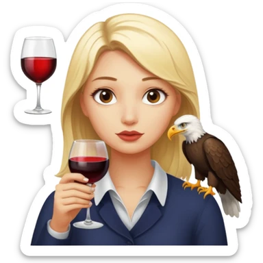 Real picture of an eagle bird blonde girl drinking wine. Write the word Thirsty Thorpie underneath  sticker