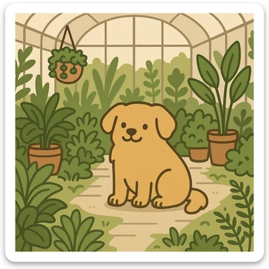pusheen-style flat toon golden retriever in a botanical garden greenhouse sticker