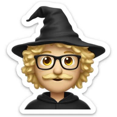 A man with blond messy hair and a mustache, wearing a black squared shaped eye glasses, wizard hat, black  robe sticker