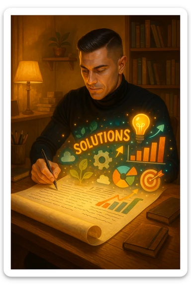 Un uomo concentrato, seduto alla sua scrivania in una stanza con luce calda, sta scrivendo su un enorme foglio di carta che si espande magicamente davanti a lui. Mentre scrive, le parole si trasformano in elementi visivi tridimensionali che rappresentano le soluzioni ai suoi problemi sticker