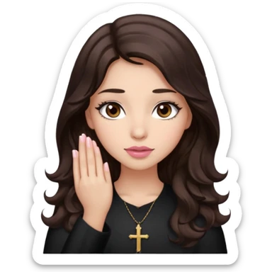 girl with wavy long glamorous dark brown hair, brown eyes, light to medium complexion, long lashes, light pink lipstick, praying sticker