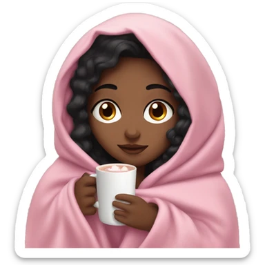 black haired girl snuggled up in a pink blanket drinking hot chocolate  sticker