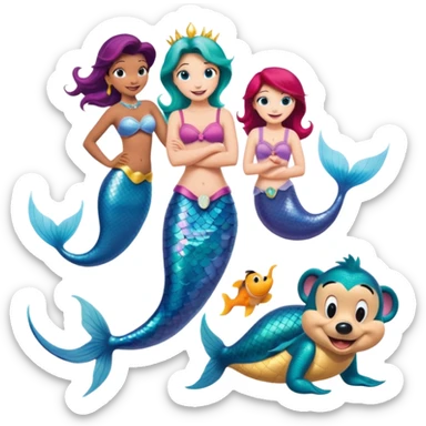 Colorful icon for Animated Movies: mermaid costume and could A vibrant collage featuring iconic characters like Goofy, Mickey Mouse, Franco, Masha and the Bear and Luntik. Each character should be large and bright, set against a cheerful and playful background of Disneyland. Transparent background. sticker
