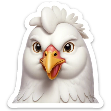 Cinematic Noble White Chicken Portrait Emoji, Poised and regal, with a compact, sturdy build and a pristine, well-groomed pure white plumage, deep-set soulful beady eyes, Simplified yet sharp and sophisticated features, highly detailed, glowing with a soft, dignified glow, high shine, intelligent and alert, stylized with an air of barnyard elegance, focused and attentive, soft glowing outline, capturing the essence of a watchful and confident fowl, so majestic it feels as though it could strut out of the screen with effortless authority! sticker