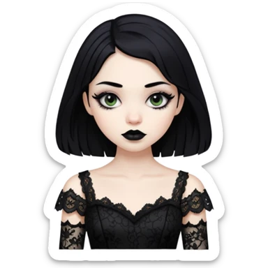 gothic girl pale skin with black lipstick and black hair and eyeliner wearing a black dress lace  sticker