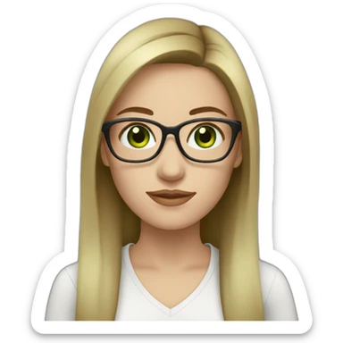 White woman with long dark brown straight hair and green eyes using glasses writing sticker