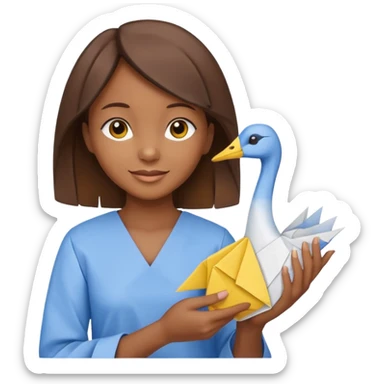 happy-african-young-girl-with-brown-hair-in-a-white-kanga-shirt-holds-an-origami-yellow-and-blue-crane sticker