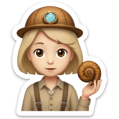 Shelly has a small, chibi-style body with a large ammonite-shaped head that looks like a beige fossil shell. One side of her head has a dark opening, making it clear she isn’t human. Her face is simple and soft, with big round eyes. She wears a brown suspender outfit over a lighter shirt sticker