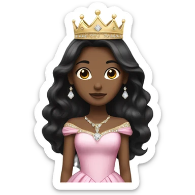 princess with black long hair, pink gown, gold crown, white skin, diamonds sticker