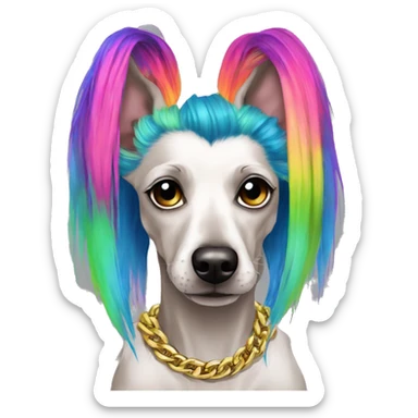 Punk Chinese crested dog neon rainbow hair gold chain piercings tattoos ear piercings sticker