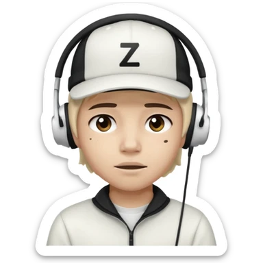 Adolescente com fone branco no ouvido é um boné preto, com uma carinha de sono e uns z z z sticker