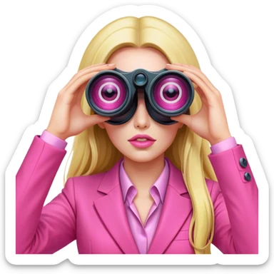 futuristic-looking woman with long hair in an intensive color pink suit looking through two-eyed binocular, viewed from an angled perspective sticker
