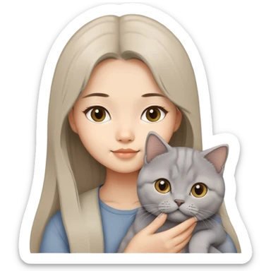 Asian girl beige long hair holding grey British short hair cat sticker