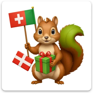 a squirrel holding a green gift box in one hand and a Swiss flag in the other, both objects clearly visible, simple white background sticker
