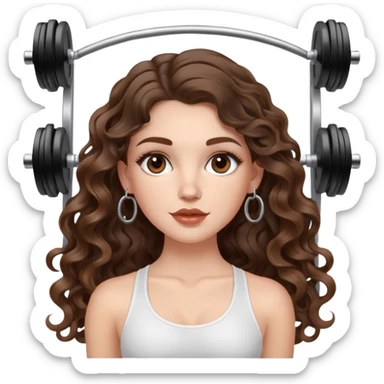 cute girl with not volominous VERY LONG curly/wavy brunette hair with balayage, brown eyes, full lips, natural clean girl makeup and hoop earrings white girl:  DOING SCULPT PILATES WITH WEIGHTS sticker
