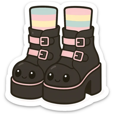 BLACKPINK-inspired gothic shoes, no hearts, black and pink, cute and stylish, kawaii style, platform boots with buckles, pastel rainbow socks sticker
