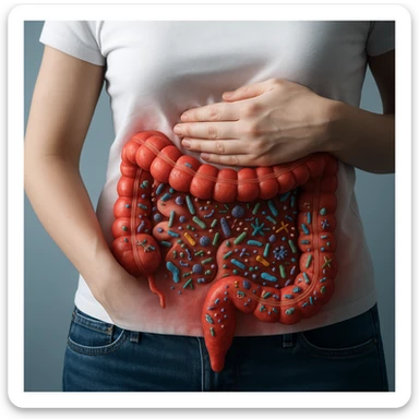 Hyperrealistic 4K anatomical section of a female body, in a similar position to the reference image, intestine without parasites but with dysbiosis: varied bacteria and microorganisms, reddened and inflamed walls, clinical atmosphere. sticker
