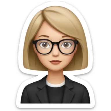 woman dark blonde petite bob haircut wears dark squarish glasses, classic clothes sticker