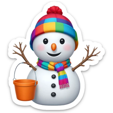 A snowman wearing a colorful scarf and a tiny bucket hat. sticker