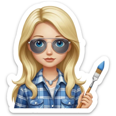 girl with long blond hair, wearing plaid shirt with blue eyes and aviator sunglasses wearing a ring on her silver necklace, holding a wide paintbrush sticker