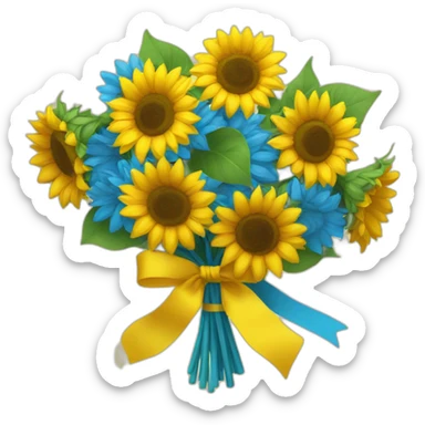 a bouquet of sunflowers tied with a yellow-blue ribbon sticker