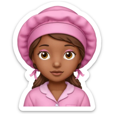 a brown skin girl with a pink bonnet and pajamas sticker