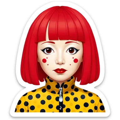 Yayoi Kusama – Cinematic Realistic Portrait of Yayoi Kusama, depicted as an avant-garde artist with an eccentric, captivating expression surrounded by her iconic polka dot patterns, rendered with vivid textures and imaginative lighting that evokes her unique, surreal creative world. sticker