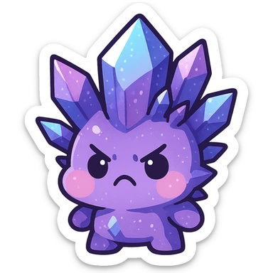 kawaii chibi style crystal sprite creature, purple, blue, and pink colors, angry expression, puffed cheeks sticker
