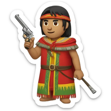 An Inca man, neck-length black hair, wearing a Red headband and wearing a red poncho (with yellow, green and red lines) and holding a pistol sticker