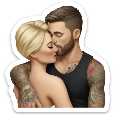 Hyper Realistic beautiful woman in the arms of a very handsome tattooed man kissing  sticker