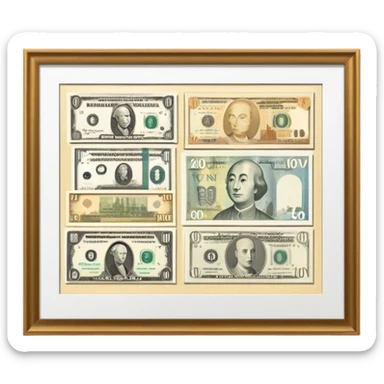 Icon for Banknote Collecting: old and new banknotes from different countries such as Euro, Dollar, Yen, Krona, Yuan, and others, displayed in frames on a wall. The icon should evoke the diversity and richness of currency collection. Transparent background. sticker