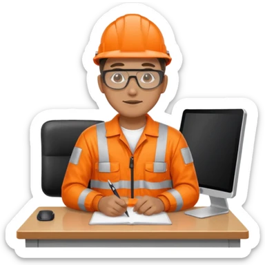man in orange reflective safety overalls sitting at a desk sticker