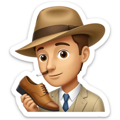 a man tipping his fedora and sniffing a shoe sticker