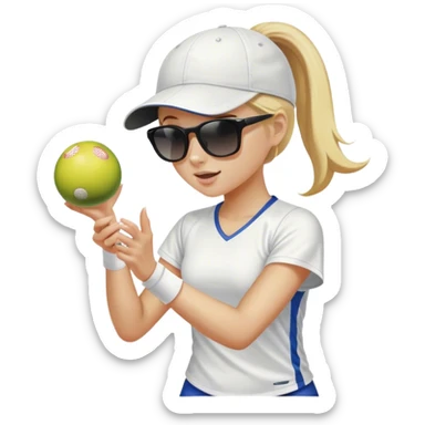 Girl with blond hair in a ponytail wearing a white baseball cap and sunglasses playing pickleball sticker