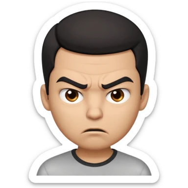 Create a 3D cartoon-style boy character with light brown skin, short straight black hair swept to one side covering part of his forehead, and an angry or annoyed expression. Sharp eyebrows, narrowed eyes, and lips pressed in irritation. sticker