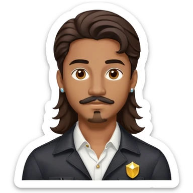 Young man with medium brown skin, mixed-race ethnicity, long wavy dark brown hair with an EXTREMELY PRECISE CENTER PART exactly aligned with the middle of the face, hair parted perfectly symmetrically on both sides, mustache separated from goatee, medium brown eyes, small diamond stud earrings, head only sticker